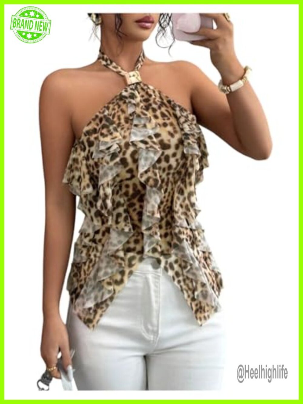 Y2K Leopard Ruffle Tie Open Back Crop Top Halter Sleeveless Going Out